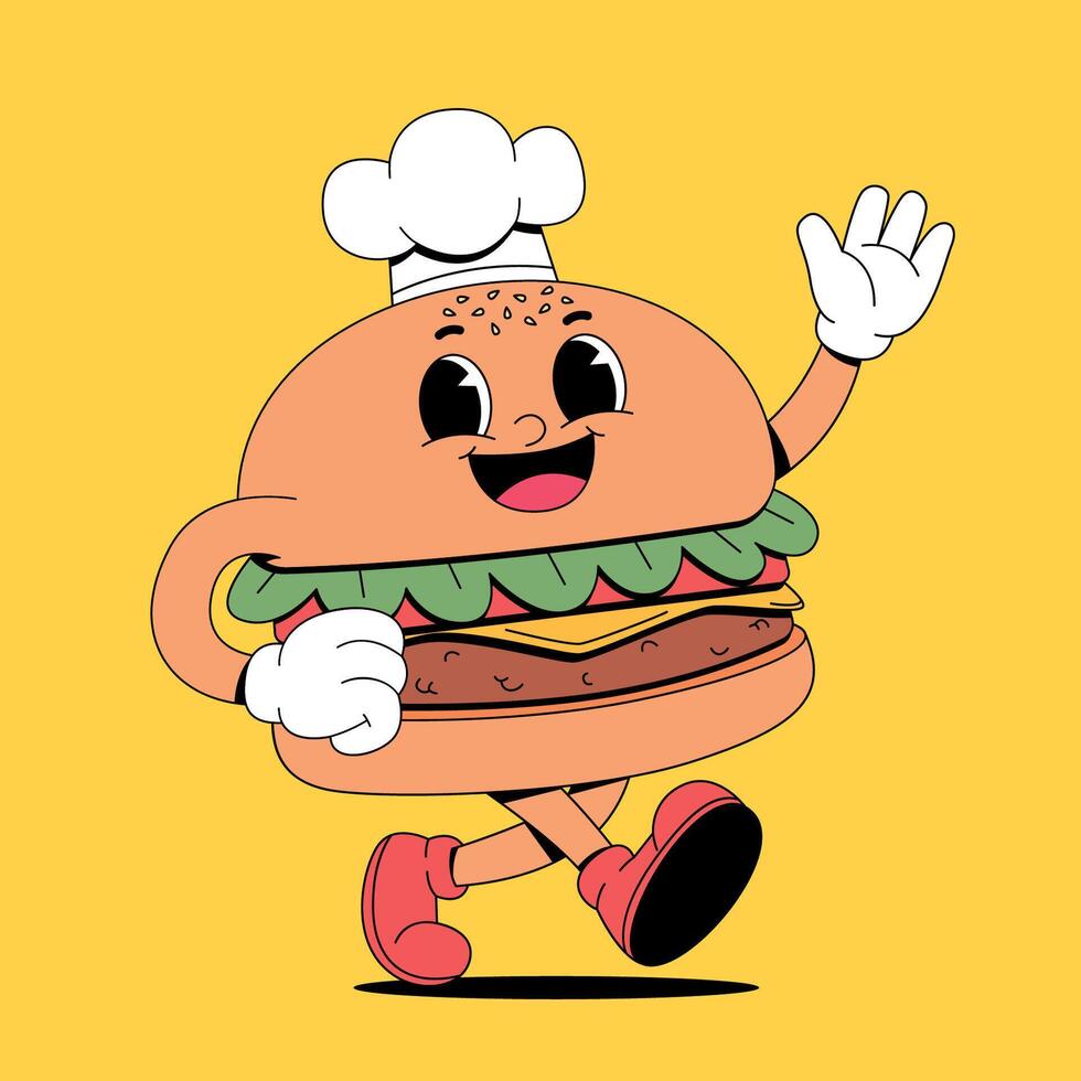 A cartoon burger character waving and smiling vector