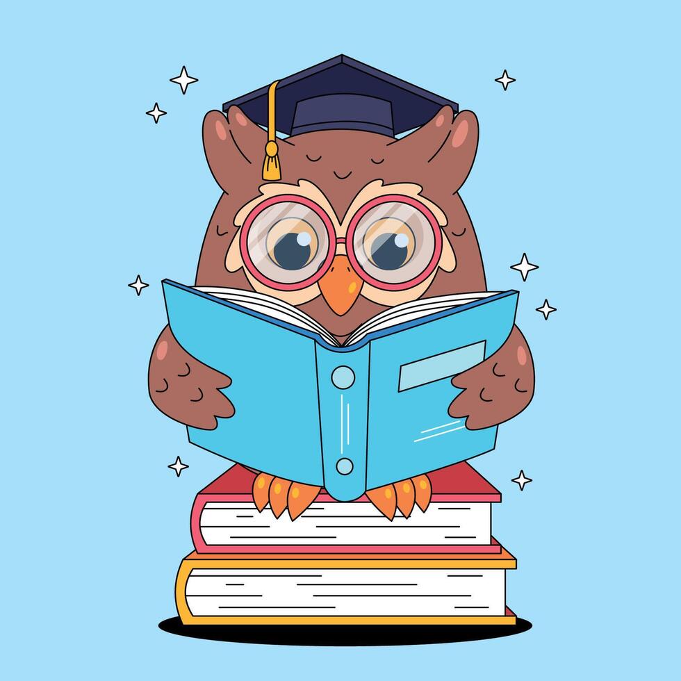 An owl wearing glasses and a graduation cap is reading a book vector