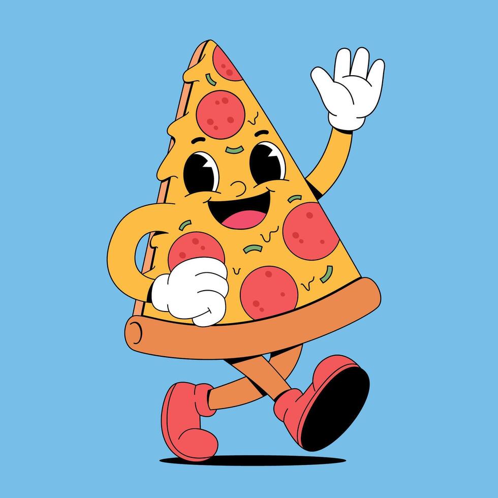 A cartoon pizza character running and waving vector