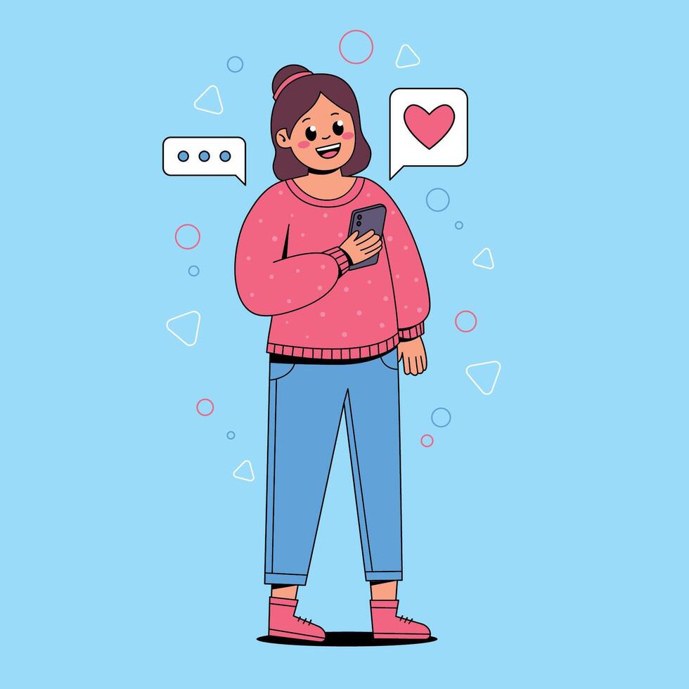 A woman holding a phone and looking at a heart vector