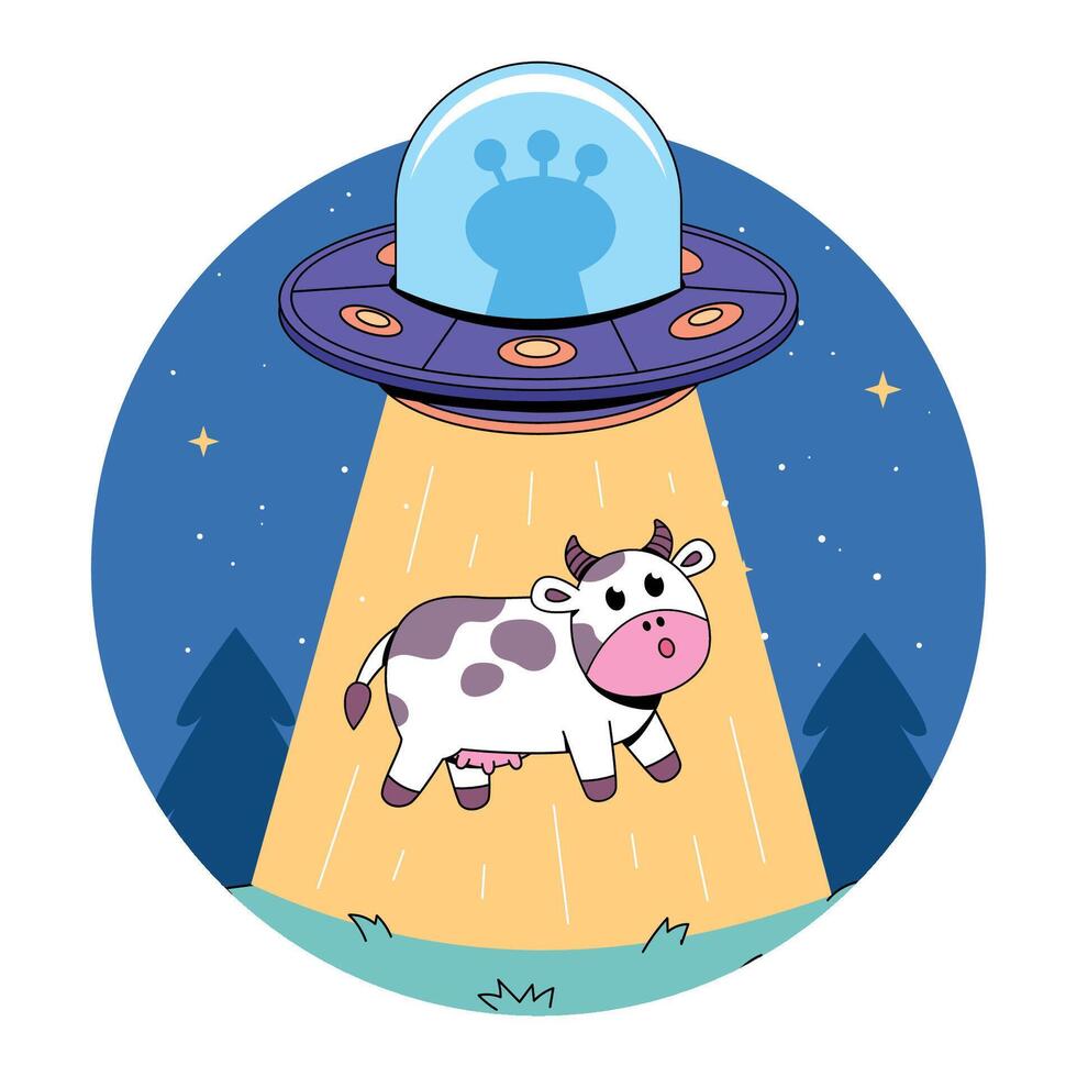 A cartoon cow is flying in front of an alien spaceship vector