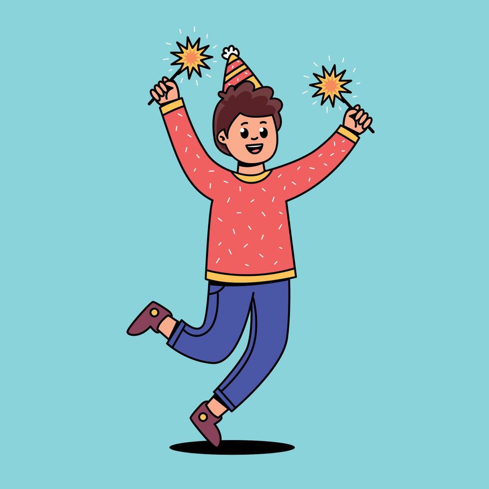 Happy boy with sparklers in his hands vector