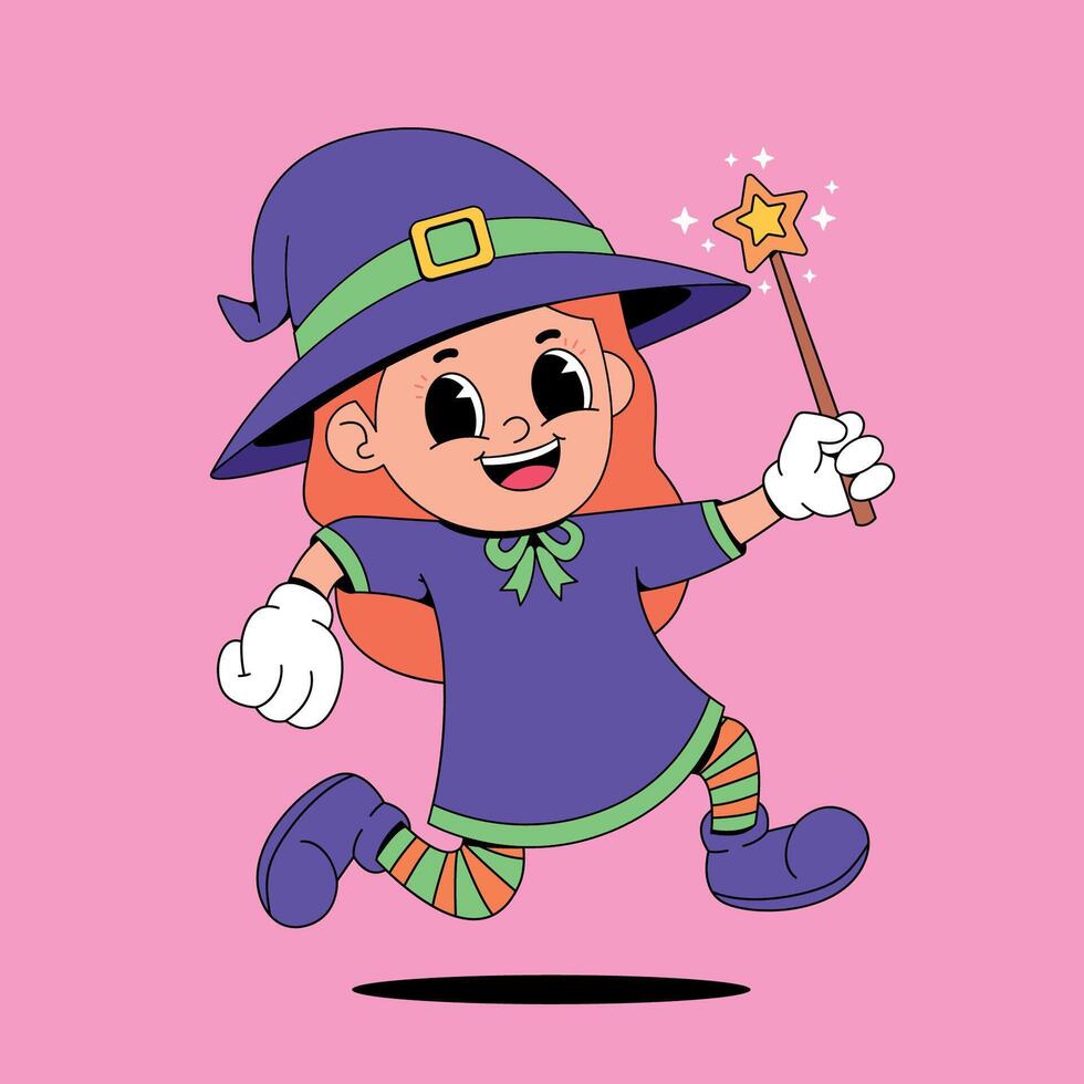 Cartoon witch with wand and hat running vector