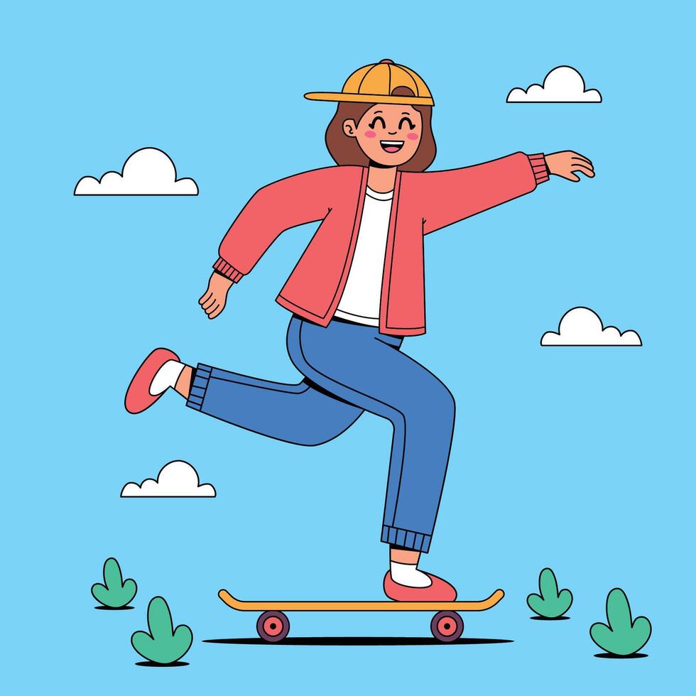 A girl is riding a skateboard on a blue background vector