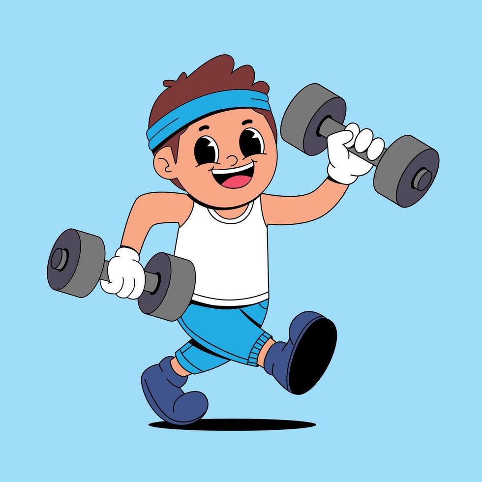 Cartoon boy lifting weights vector