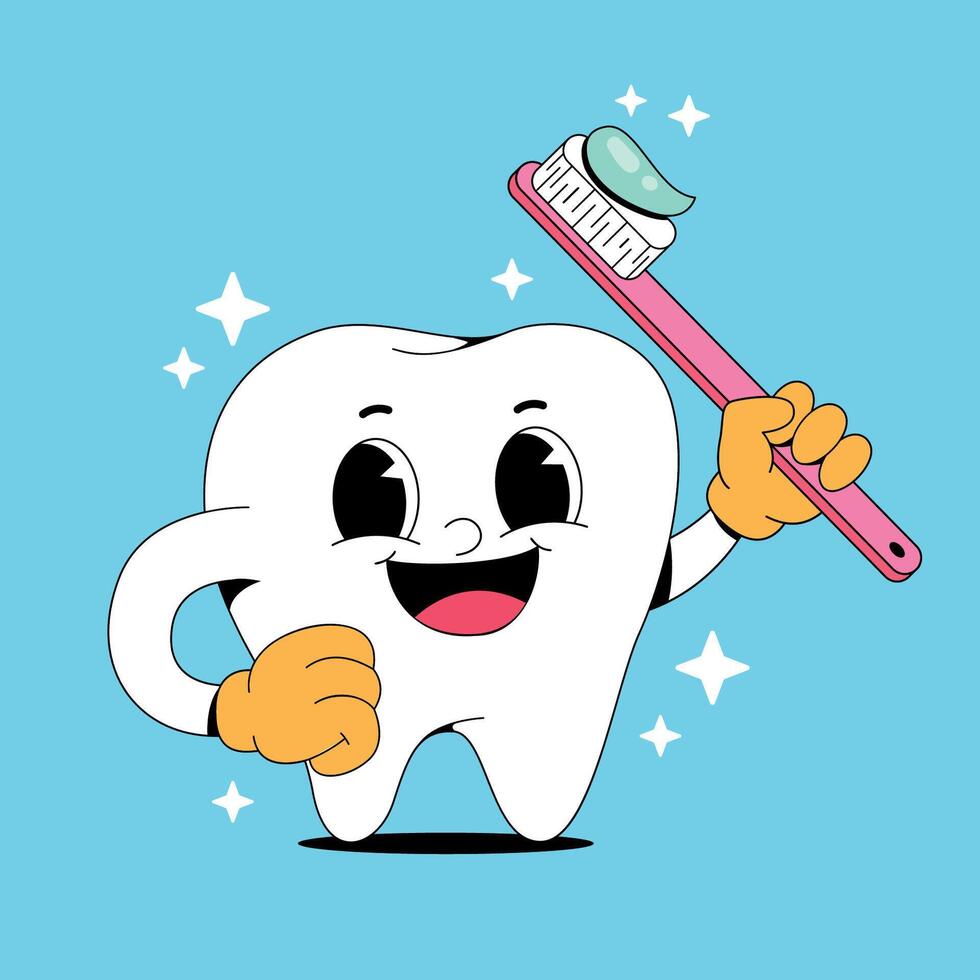 A cartoon tooth with a toothbrush in its hand vector