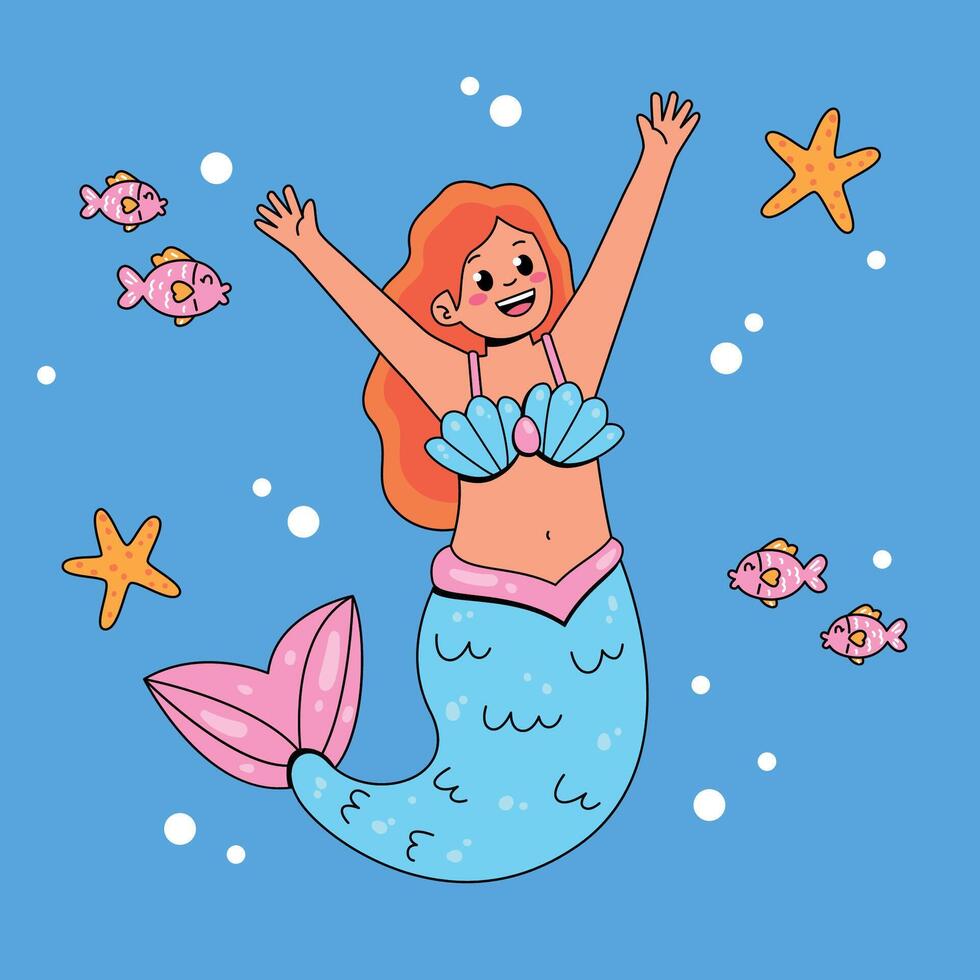 Mermaid with fish and starfish vector