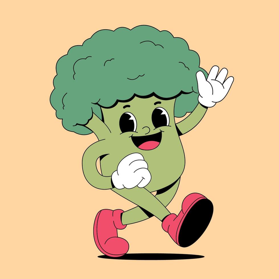 A cartoon broccoli character running and waving vector
