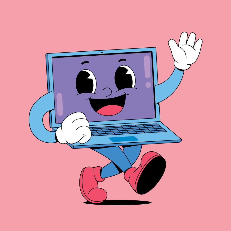 A cartoon laptop character waving and smiling vector