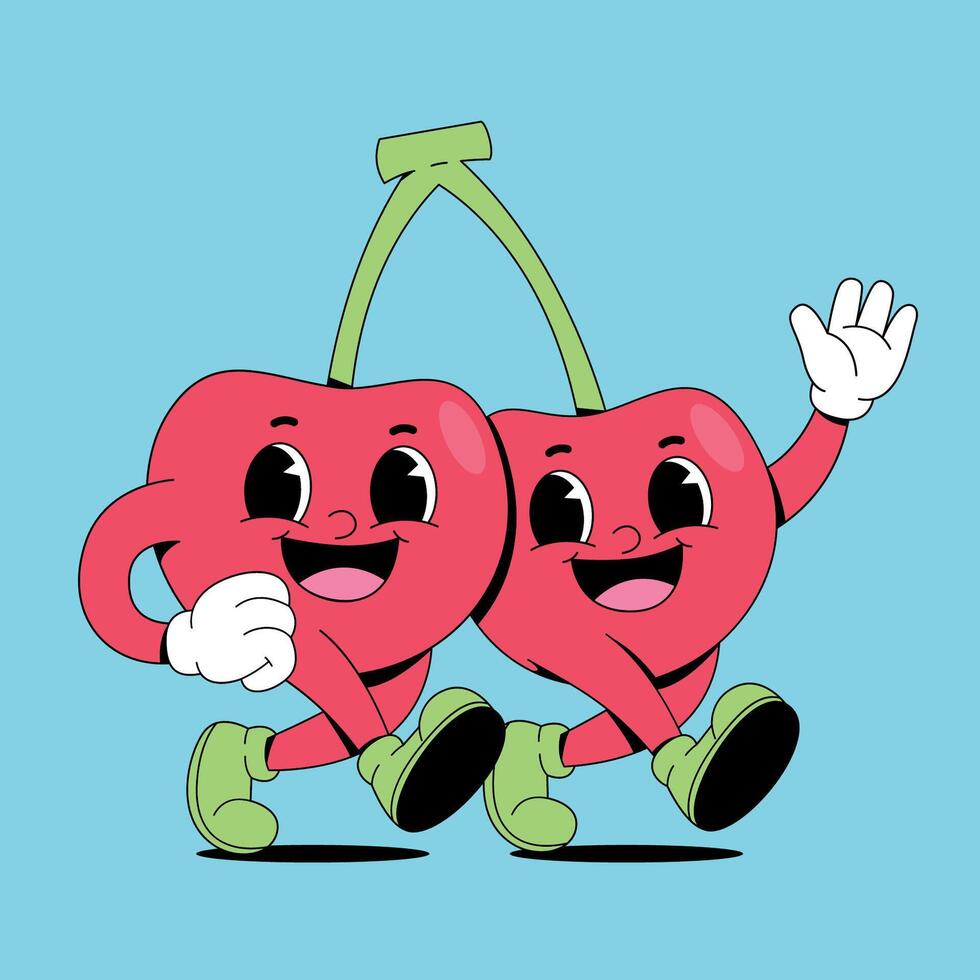 Two cherries running together with their arms outstretched vector