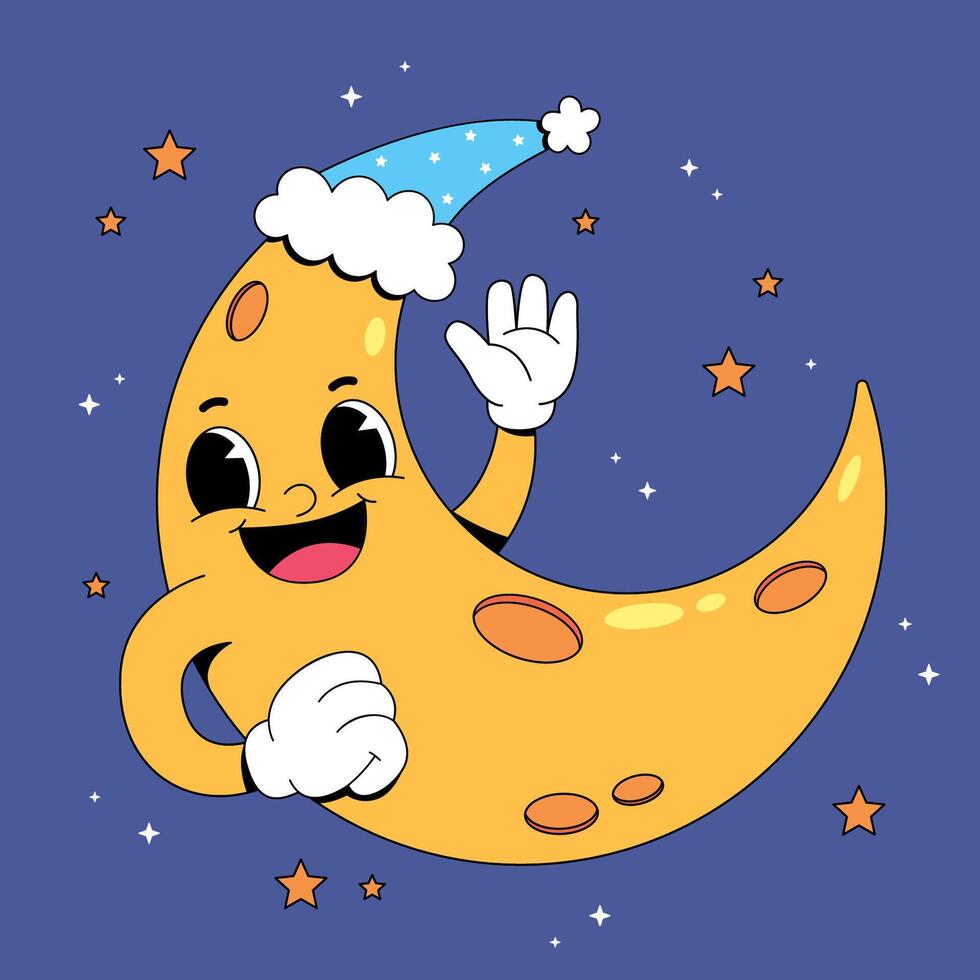 Cartoon moon with a hat waving vector