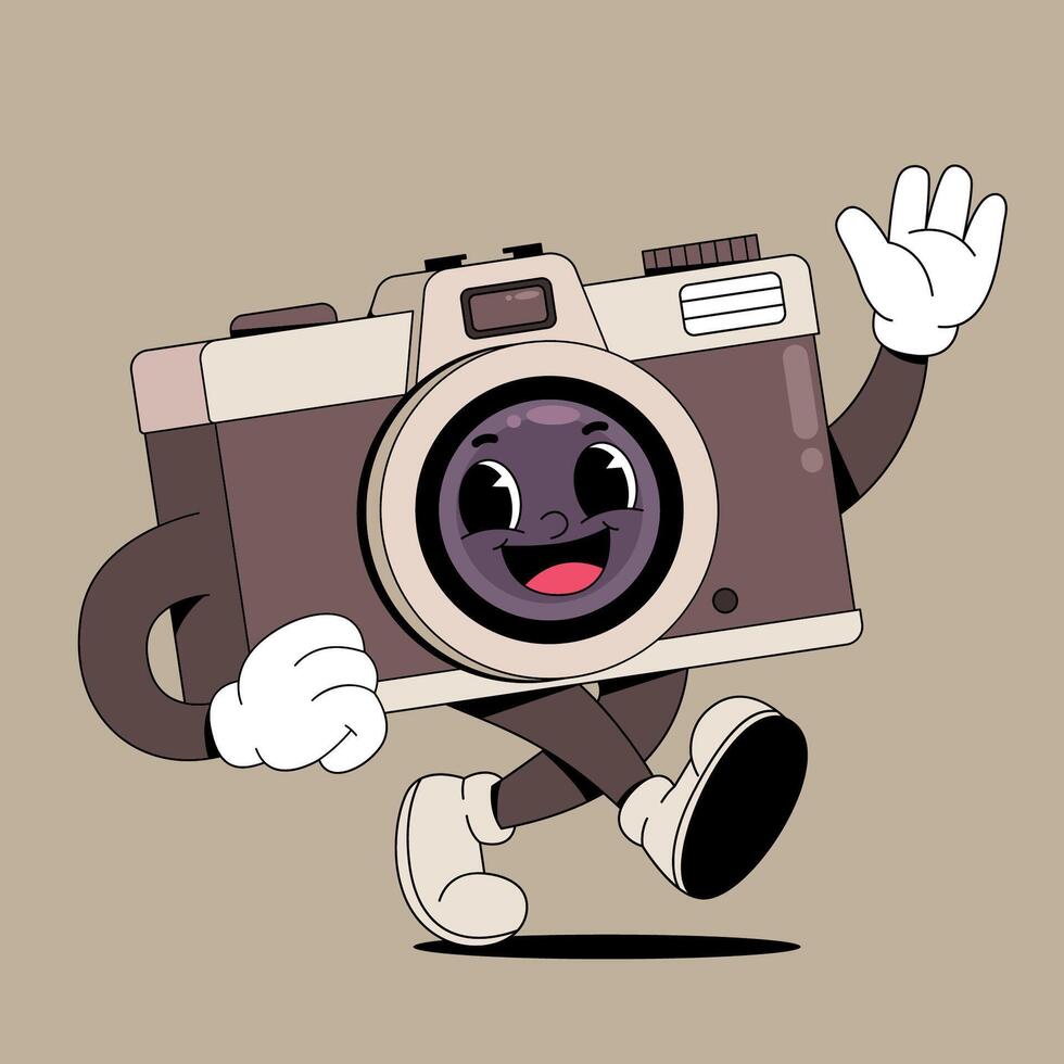 A cartoon camera character running and waving vector
