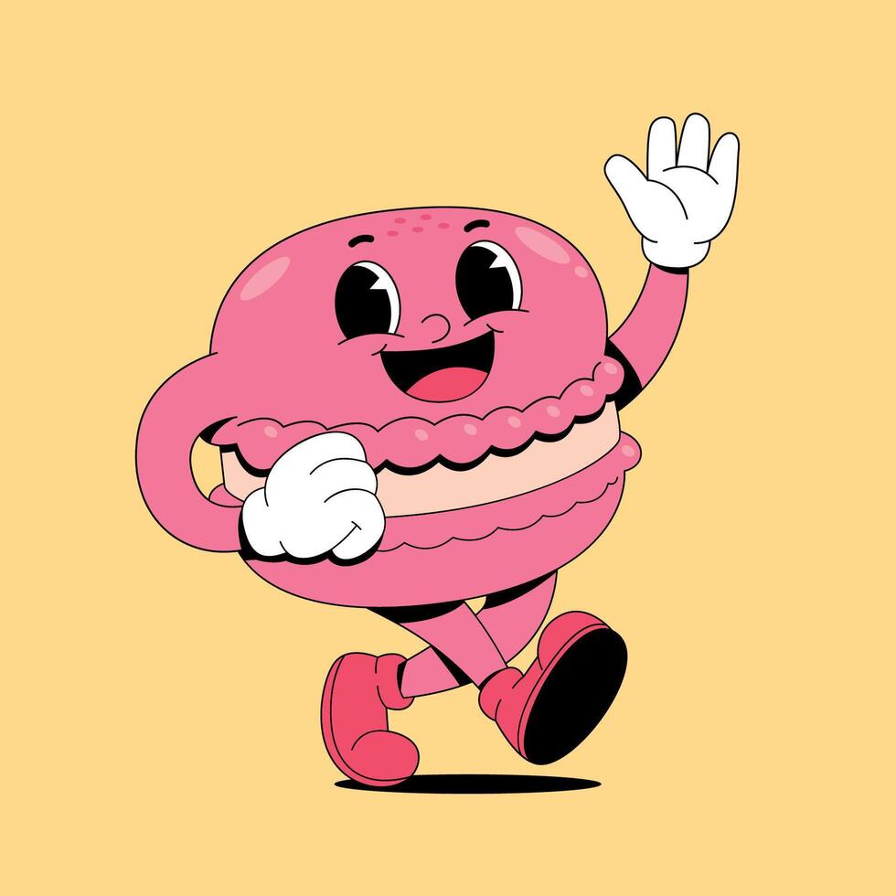 A cartoon character of a pink macaron running vector