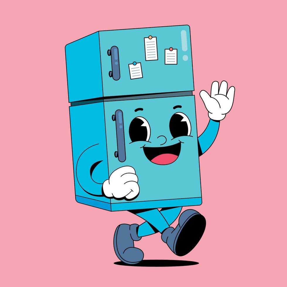 A cartoon refrigerator character running and waving vector
