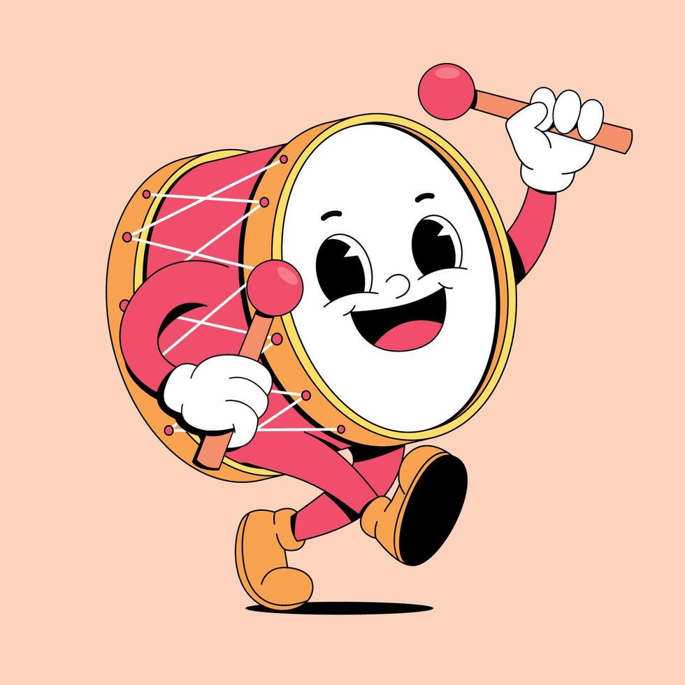 Cartoon drum character running with a drum vector