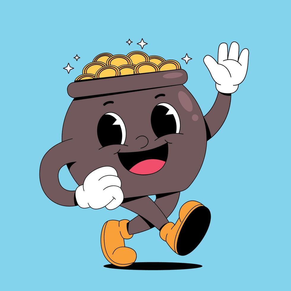 Pot of gold cartoon character running with a gold coin vector