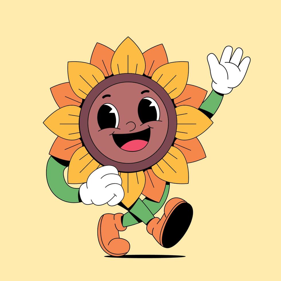 A cartoon sunflower character running and waving vector