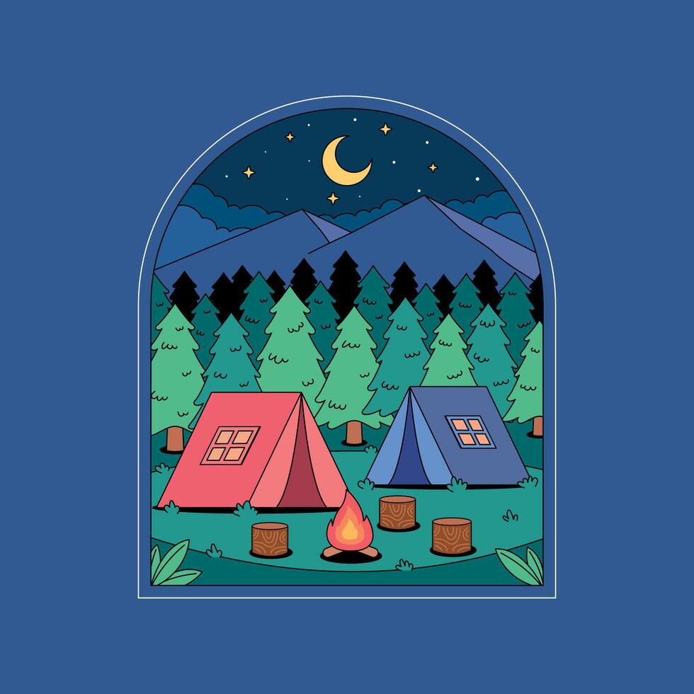 A cartoon illustration of a campfire and tents in the woods vector