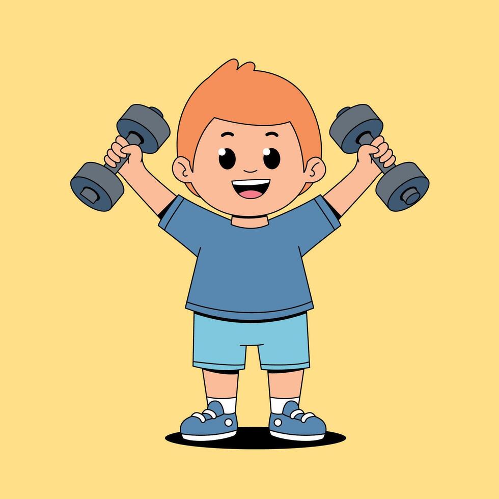 A cartoon boy lifting weights with a smile vector