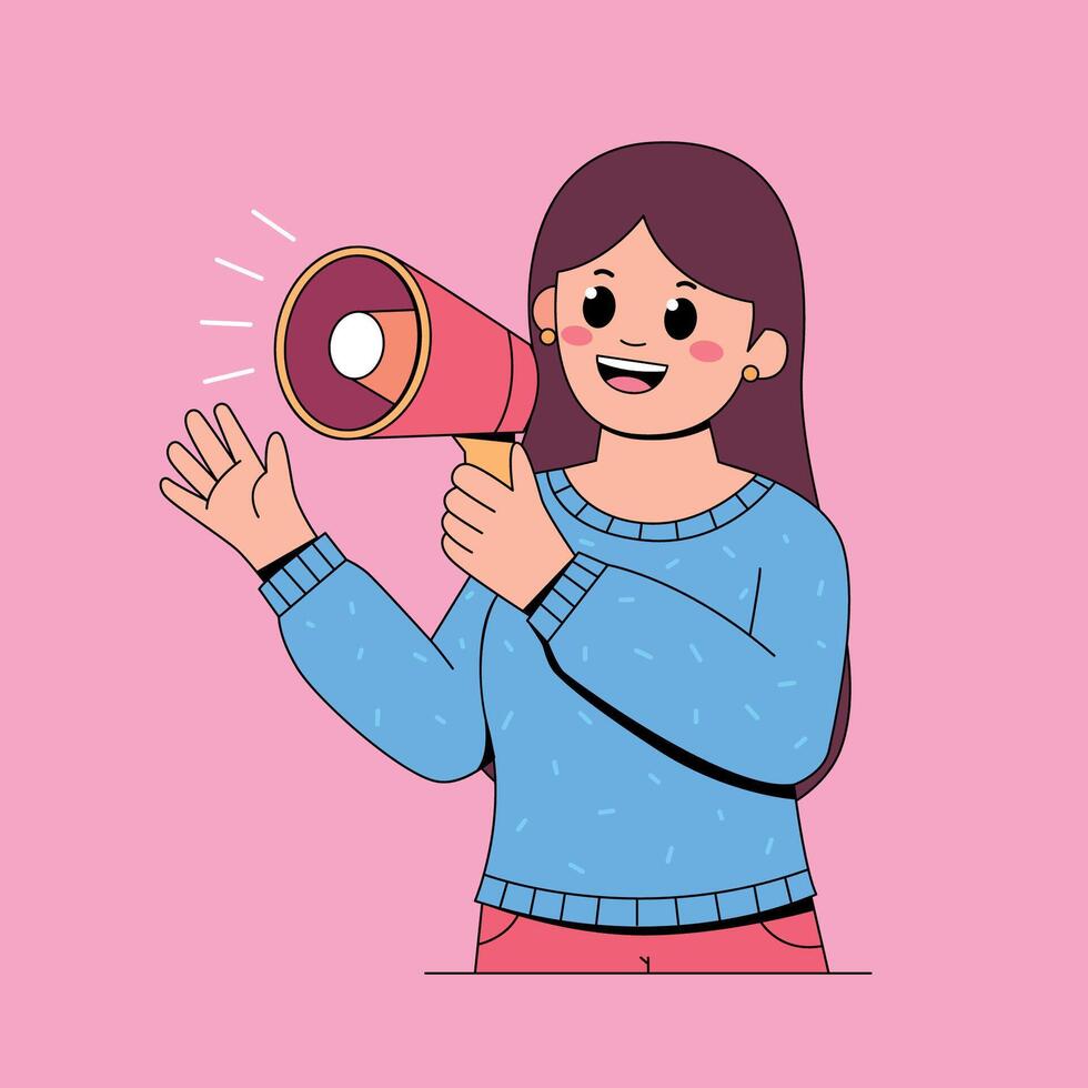 A woman holding a megaphone with her hands up vector
