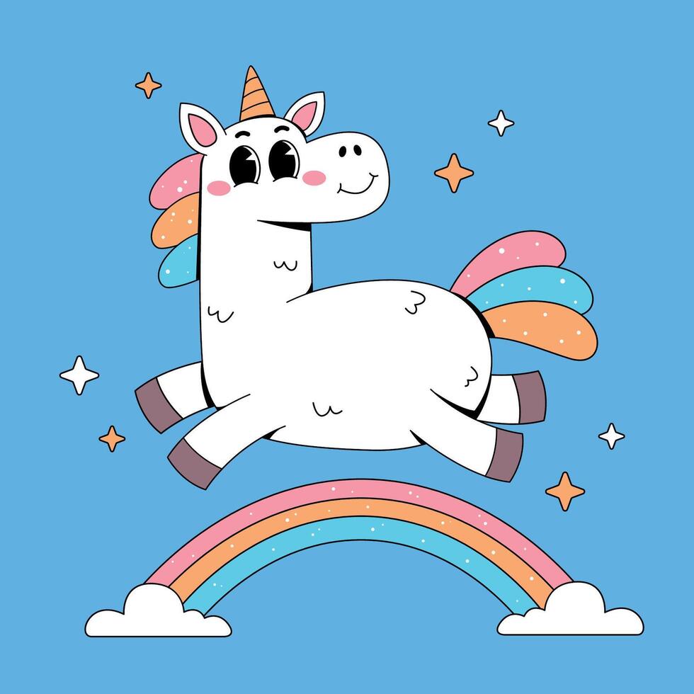 Cute unicorn jumping on rainbow illustration vector
