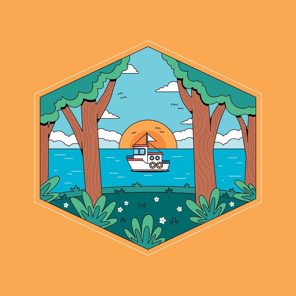 A boat in the water with trees and a sunset vector