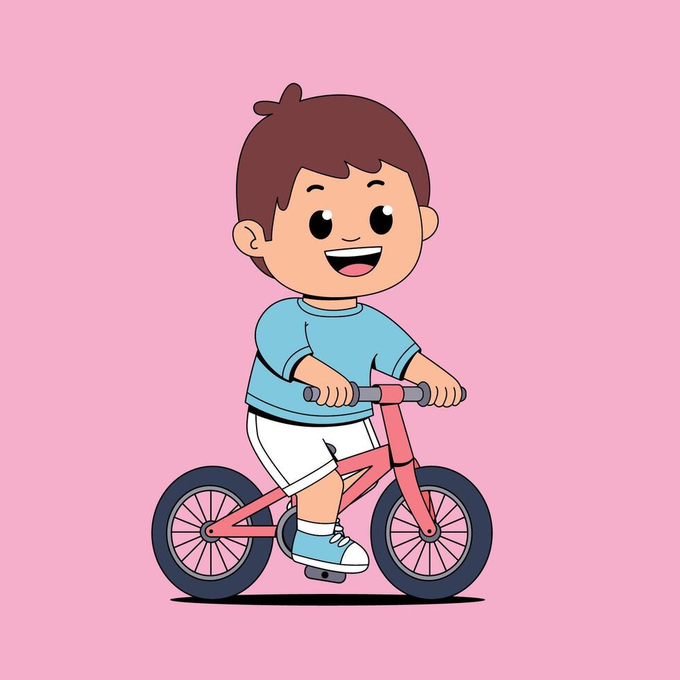 Cartoon boy riding a bike on pink background vector