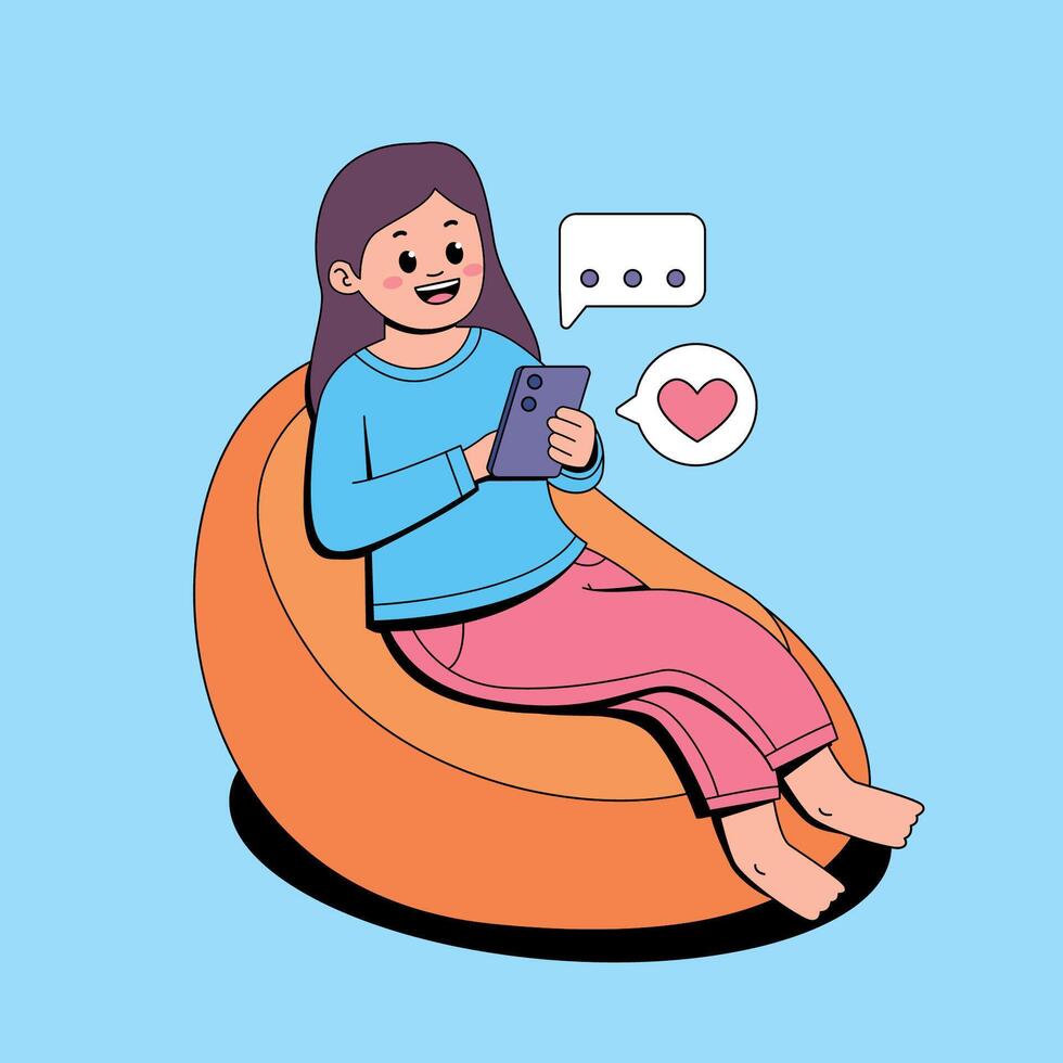 A woman sitting on a bean bag chair with a phone and speech bubbles vector
