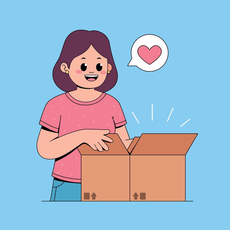 A woman is opening a box with a heart vector