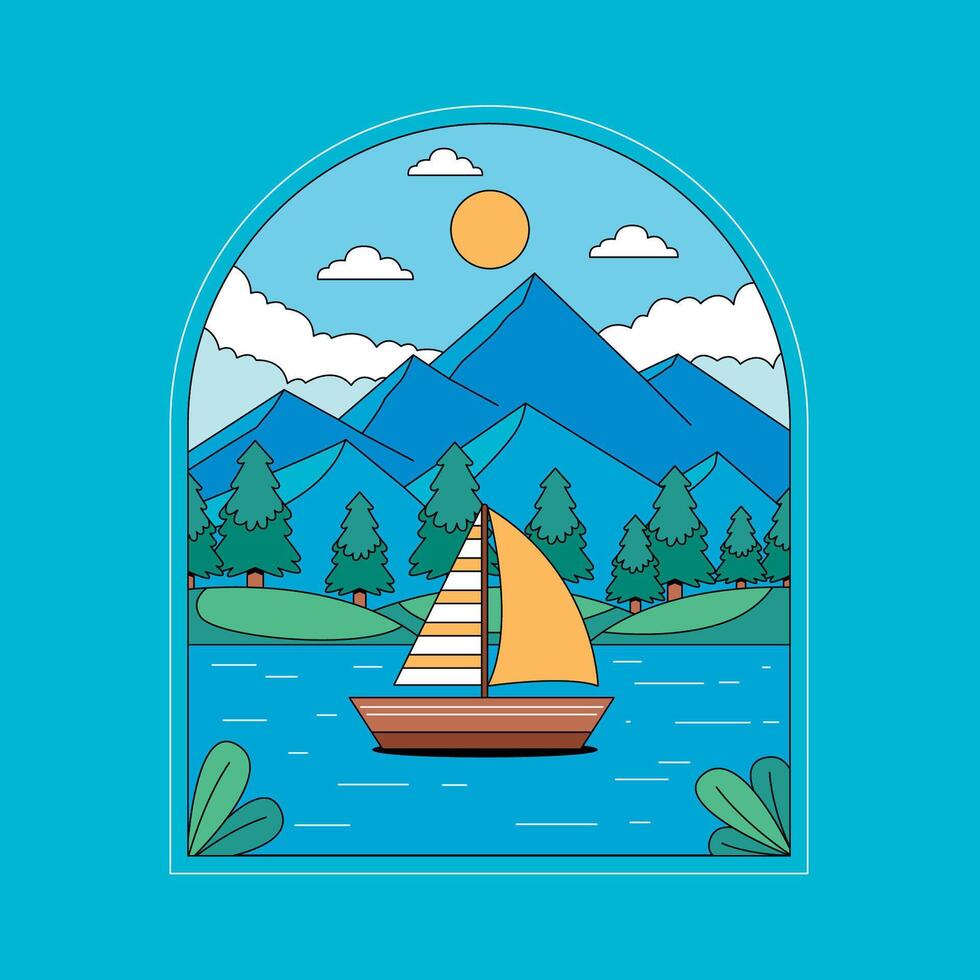 A sailboat in the lake with mountains and trees vector