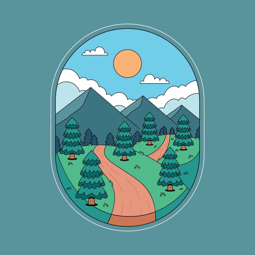 A cartoon illustration of a road and trees in the mountains vector