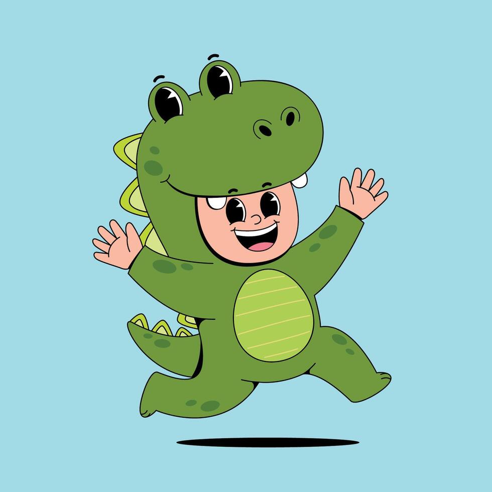 A cartoon green dinosaur running and smiling vector