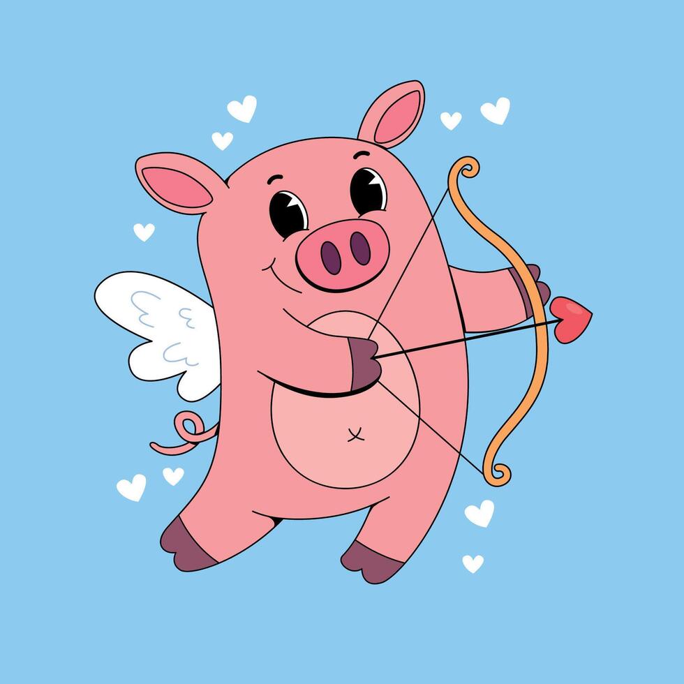 Cute cartoon pig with bow and arrow on blue background vector