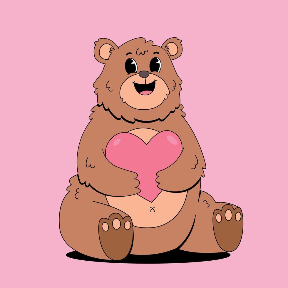 A cartoon bear holding a heart on a pink background vector