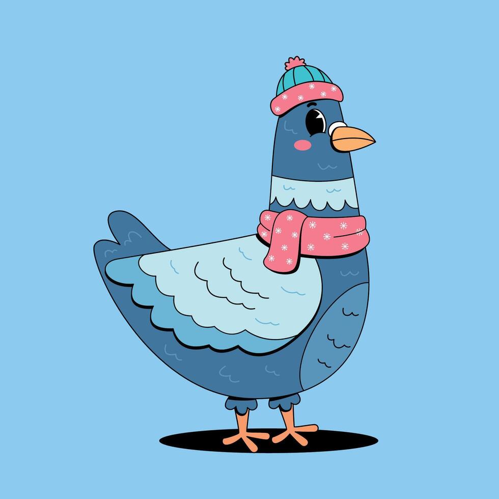 Cartoon pigeon with hat and scarf on blue background vector