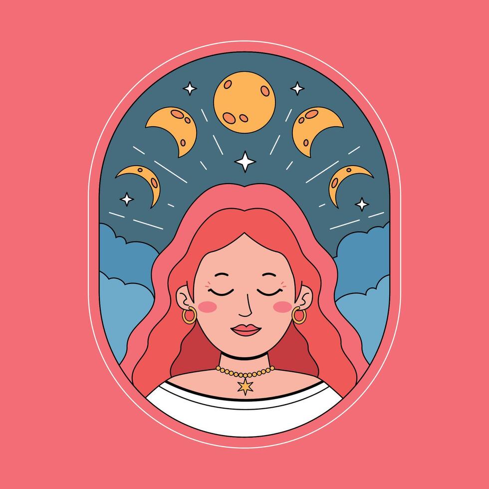 A woman with red hair and a moon in her eyes vector