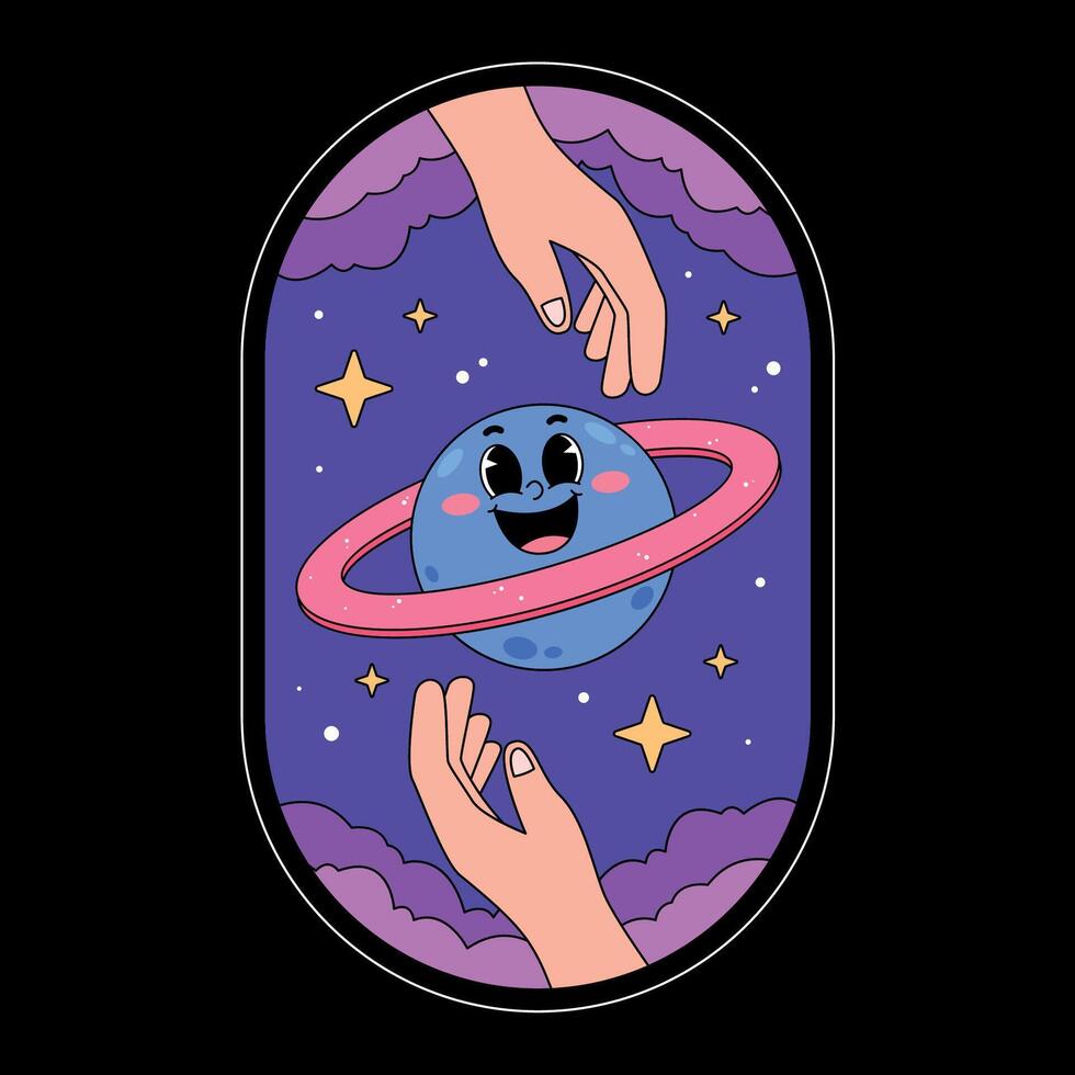 A cartoon planet with two hands holding it up vector