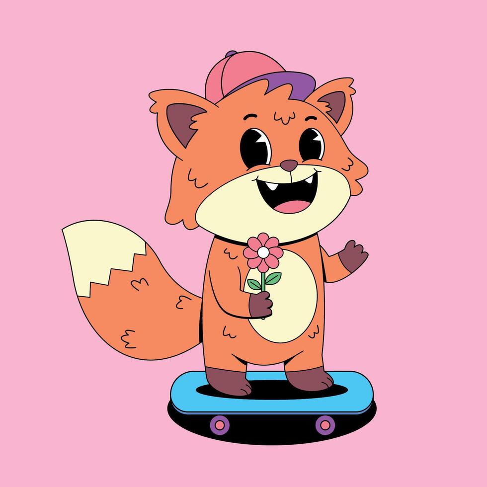 A cartoon fox on a skateboard with a flower vector