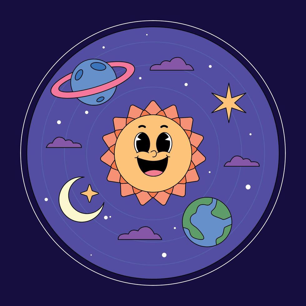Cartoon sun with planets and stars in the background vector