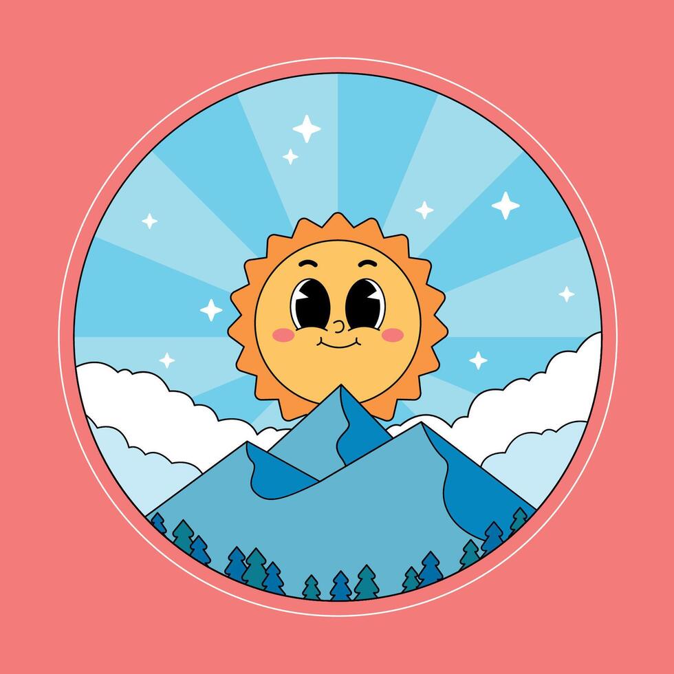 A cartoon sun and mountains in the sky vector