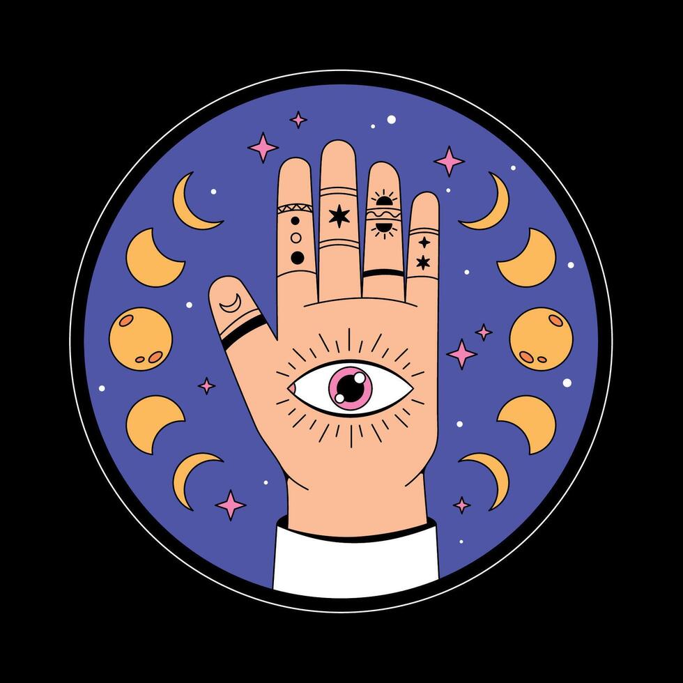 A hand with an eye and moon in the center of it vector