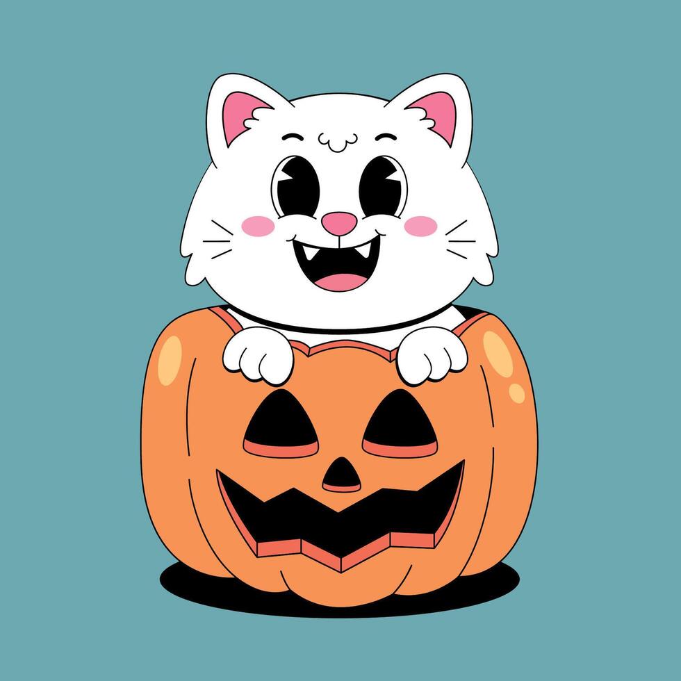 A cartoon white cat sitting in a pumpkin vector