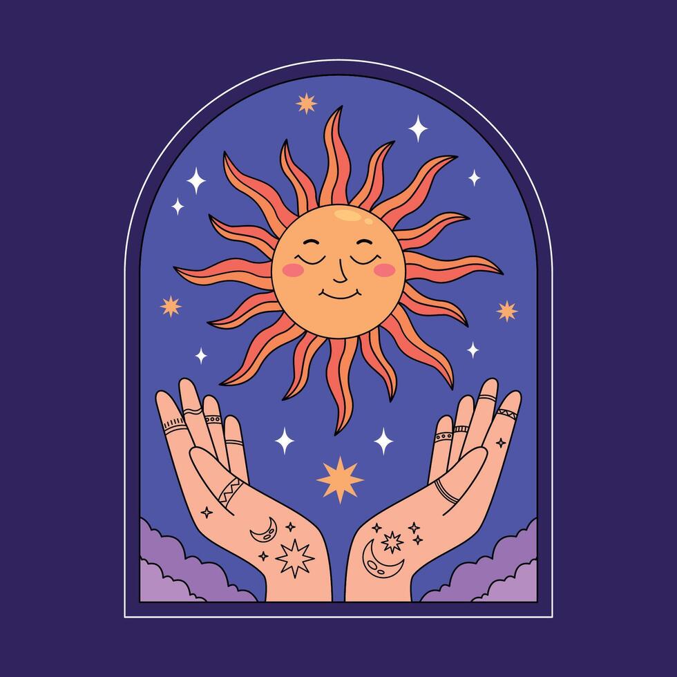 The sun and hands are in a purple background vector