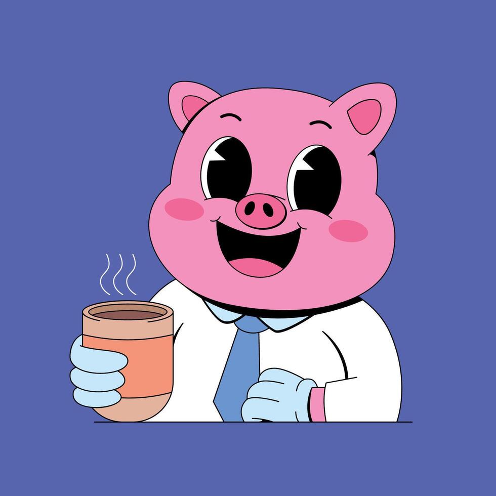 A cartoon pig wearing a tie and holding a coffee cup vector