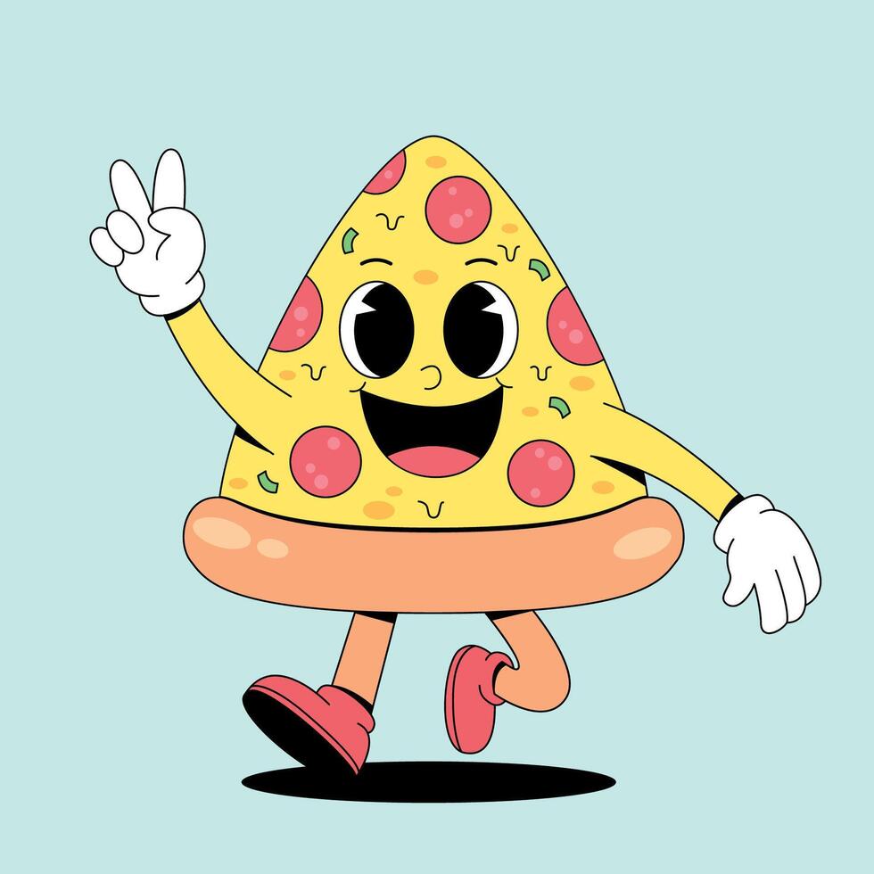 A cartoon pizza character running and waving mascot vector