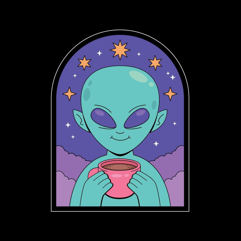 Alien with a cup of coffee in the sky vector