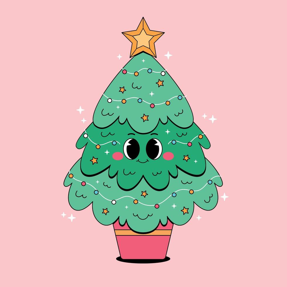 A cute christmas tree with eyes and stars vector