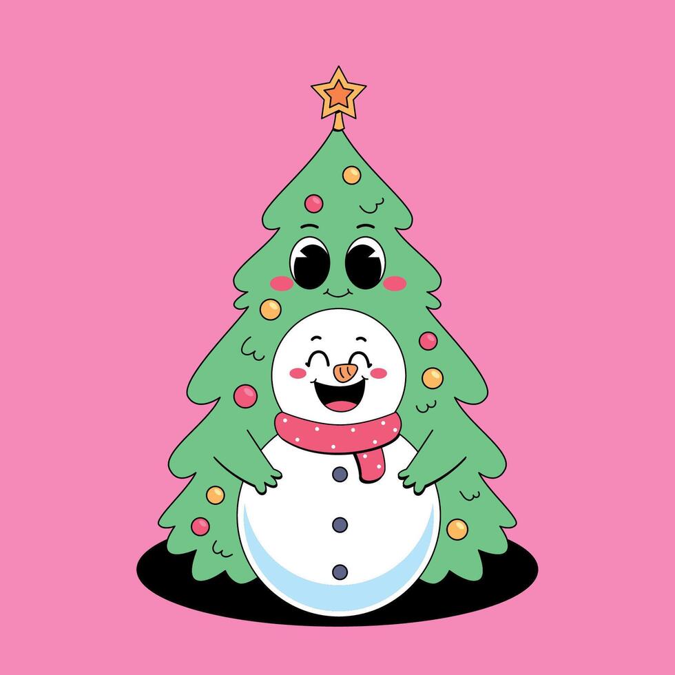 A cartoon snowman and christmas tree vector