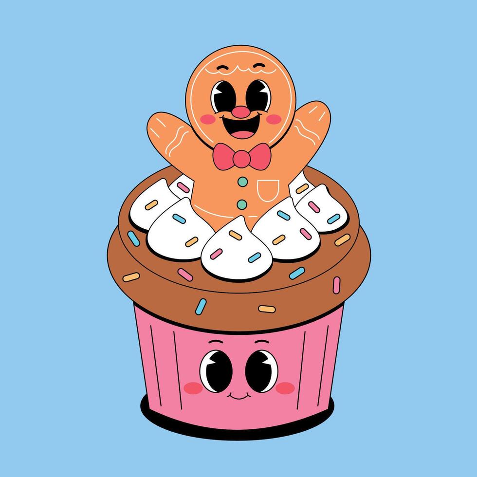 A cartoon gingerbread man sitting on top of a cupcake vector