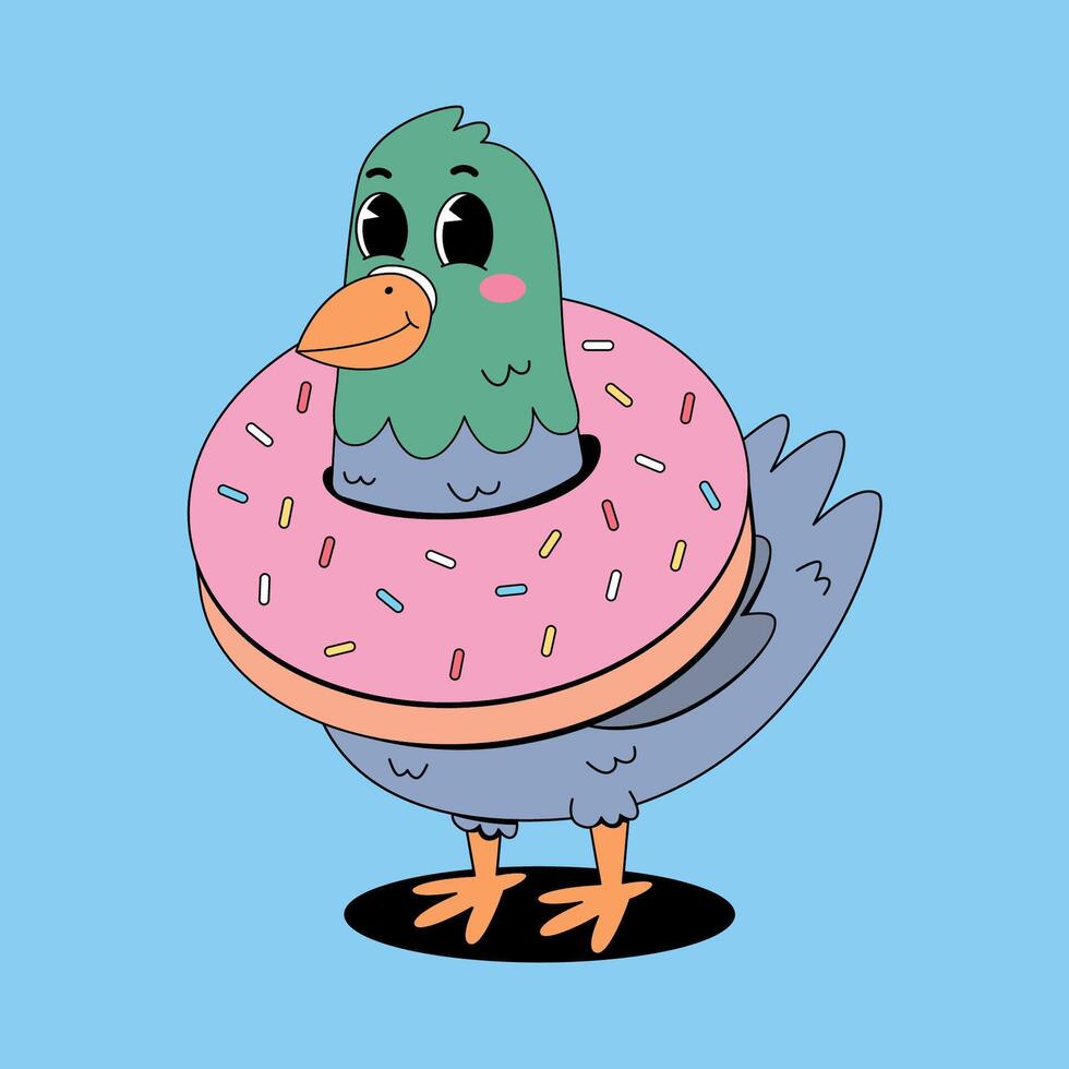 A cartoon bird wearing a donut on its head vector
